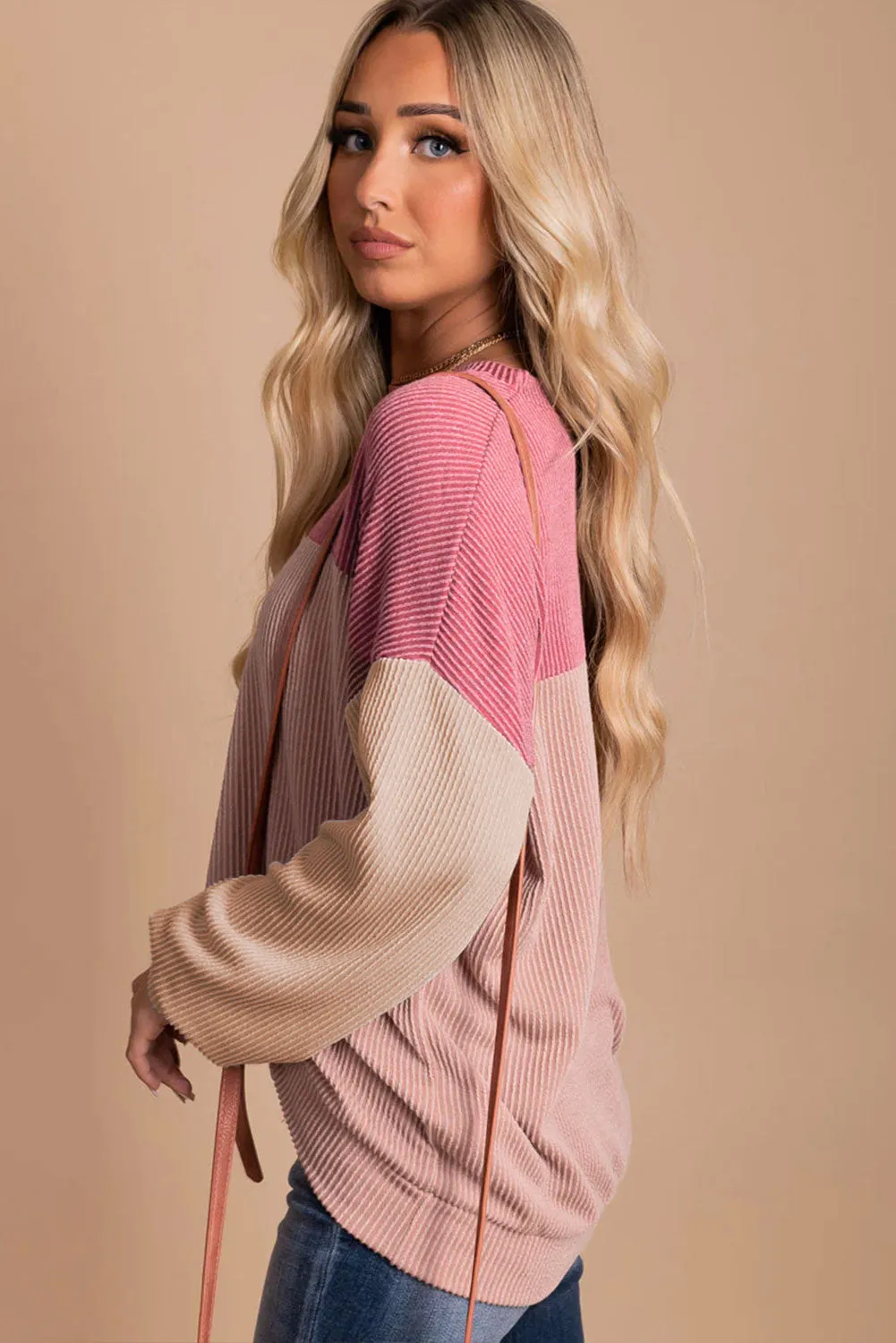 Women's Color Block Long Sleeve Ribbed Loose Top