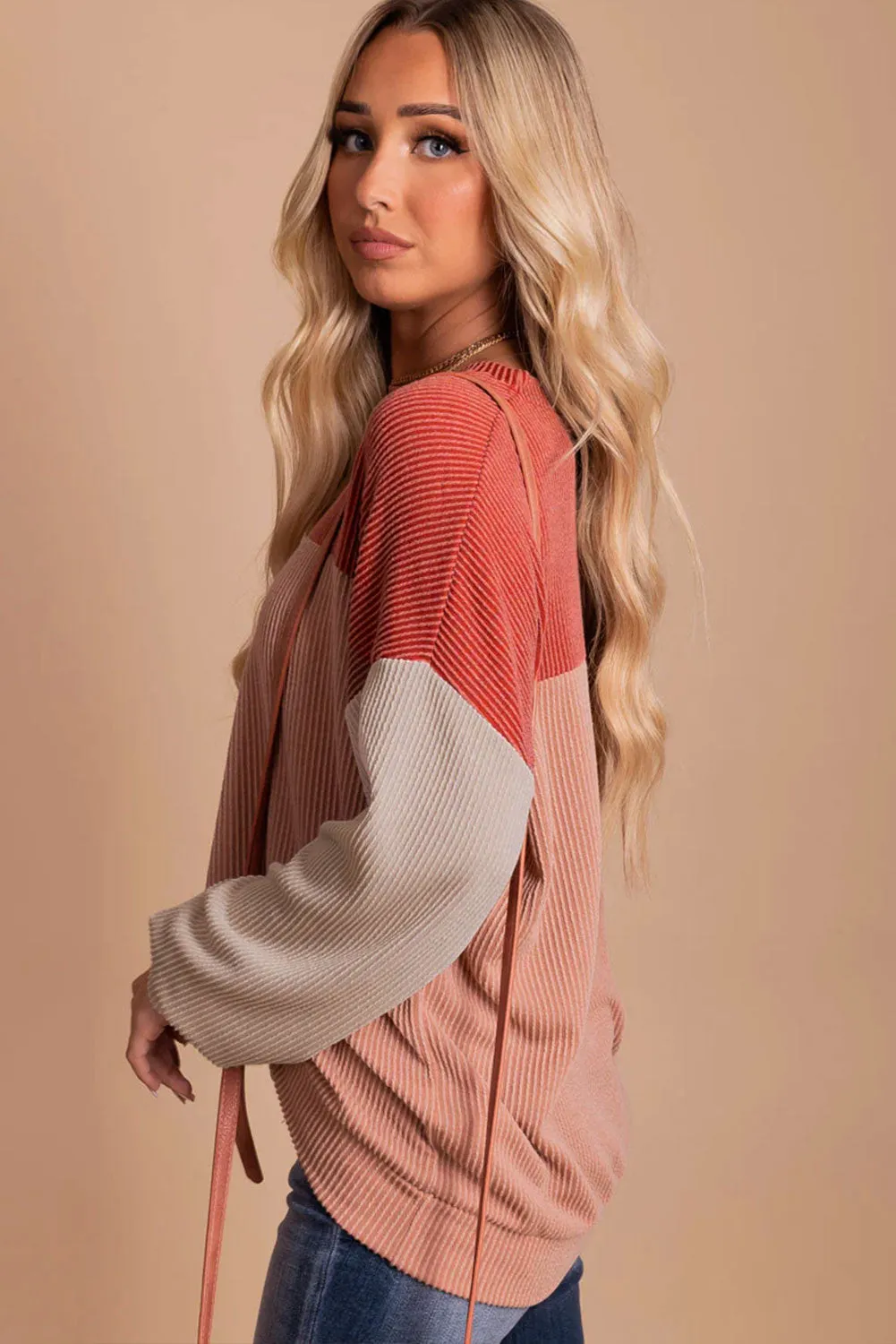 Women's Color Block Long Sleeve Ribbed Loose Top