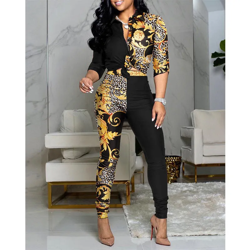 Women's Color Matching Printed Long-sleeved Lapel Shirt And Casual Pants Two-piece Suit