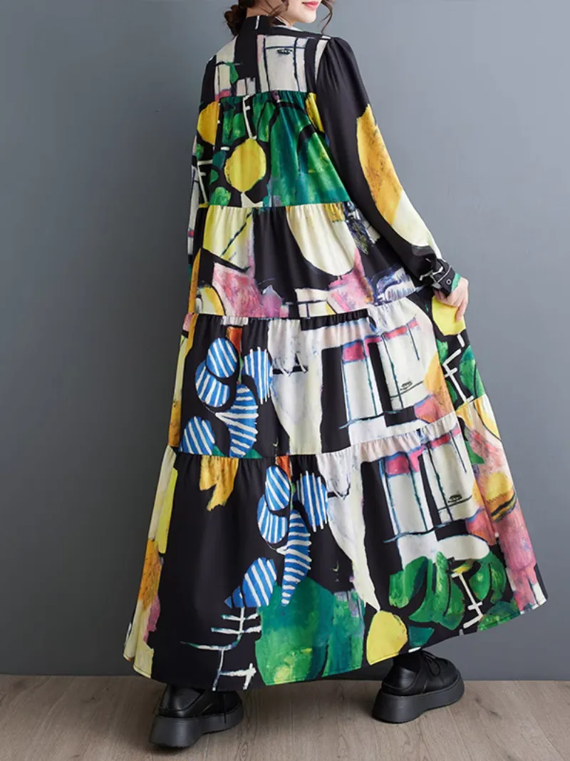 Women's Colorful Loose Large Size Print Mid-Length A-Line Dress