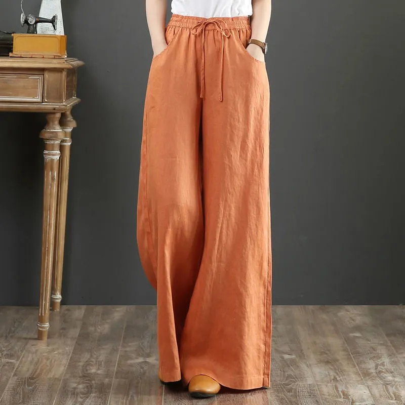 Women's Cotton Linen Plain High Waist Wide Leg Trousers