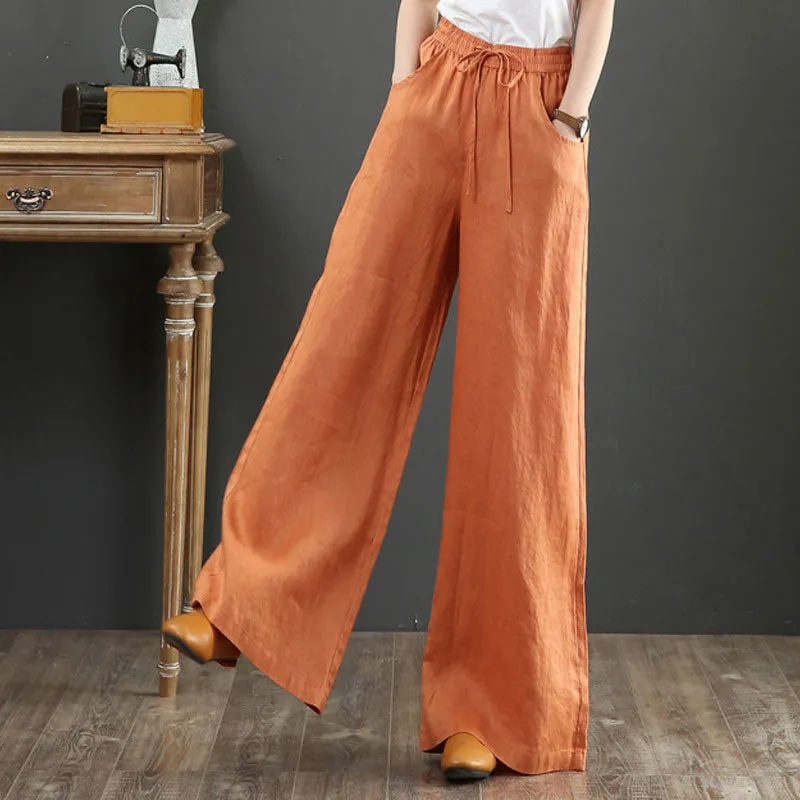 Women's Cotton Linen Plain High Waist Wide Leg Trousers