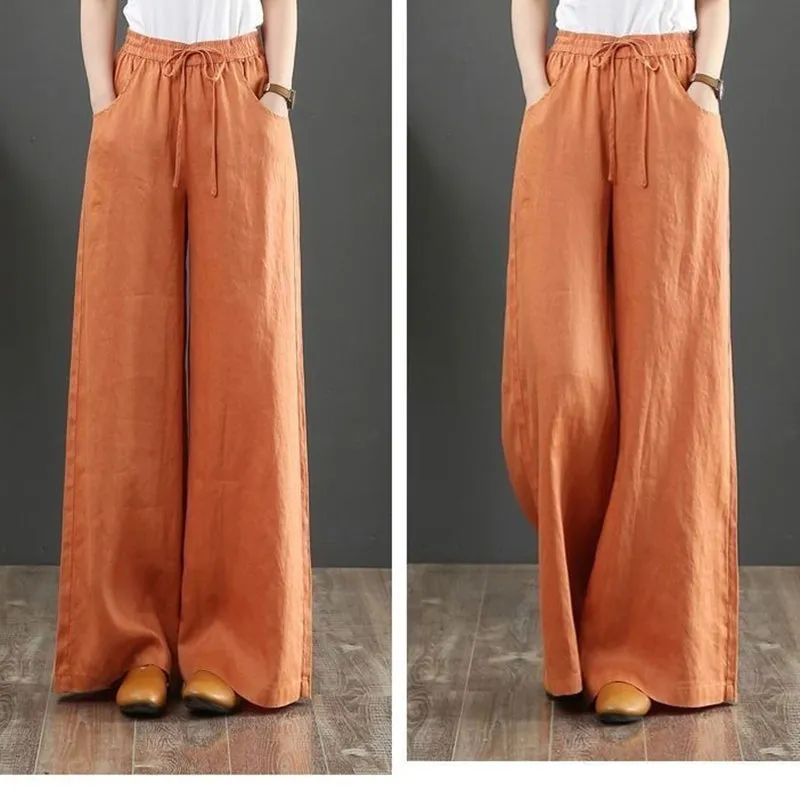 Women's Cotton Linen Plain High Waist Wide Leg Trousers