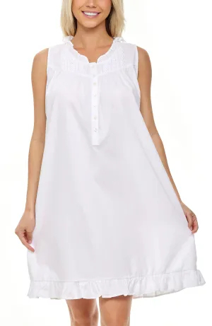 Women's Cotton Victorian Nightgown, Audrey Sleeveless Lace Trimmed Button Up Sleeveless Night Dress