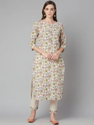 Women'S Cream Floral Printed Cotton Kurta Pant Set