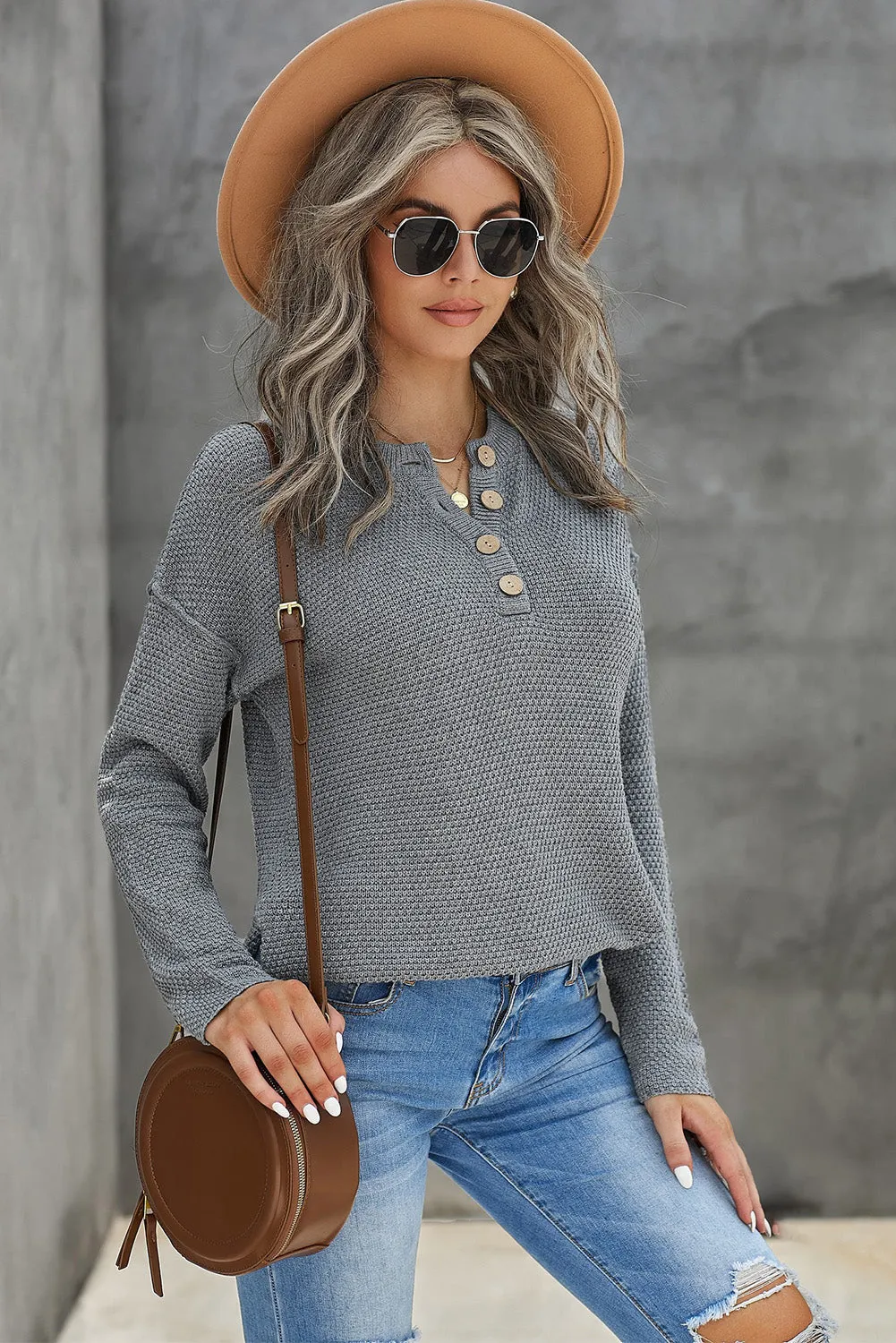 Women's Crew Neck Drop Shoulder Buttoned Waffle Knit Sweater