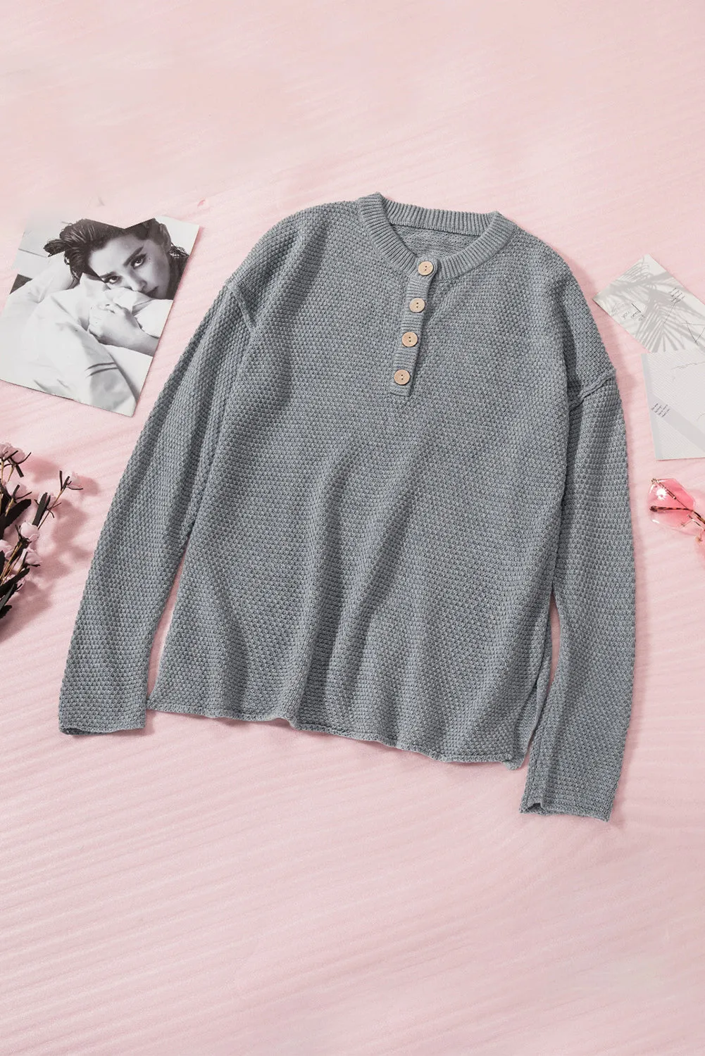 Women's Crew Neck Drop Shoulder Buttoned Waffle Knit Sweater