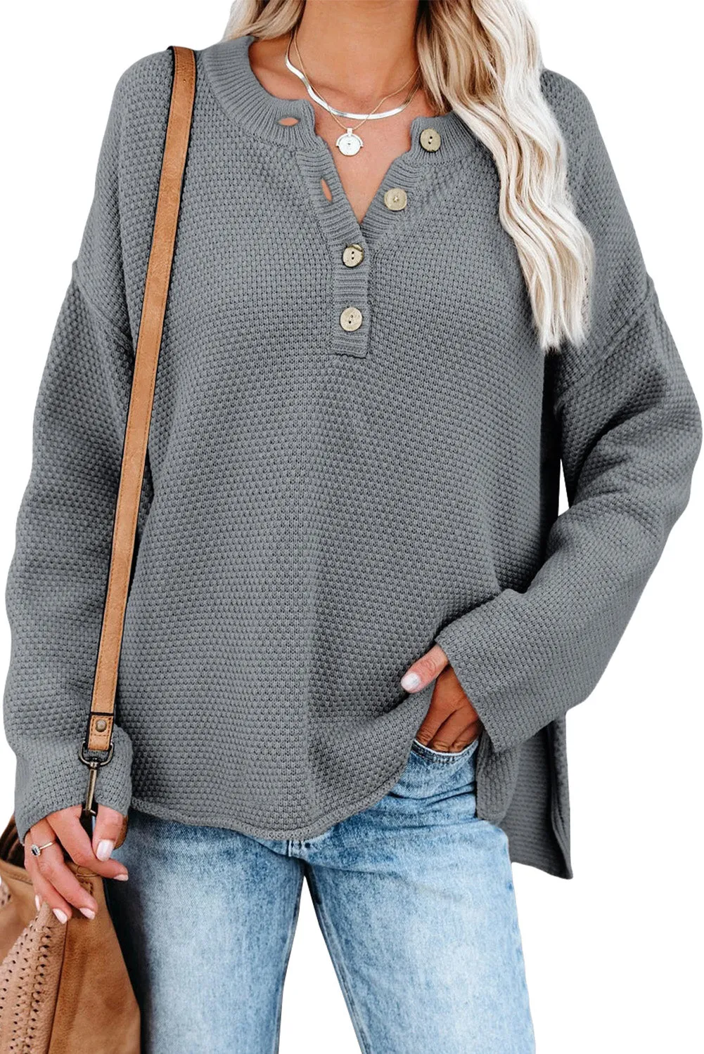 Women's Crew Neck Drop Shoulder Buttoned Waffle Knit Sweater