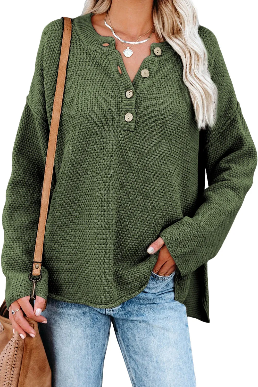 Women's Crew Neck Drop Shoulder Buttoned Waffle Knit Sweater