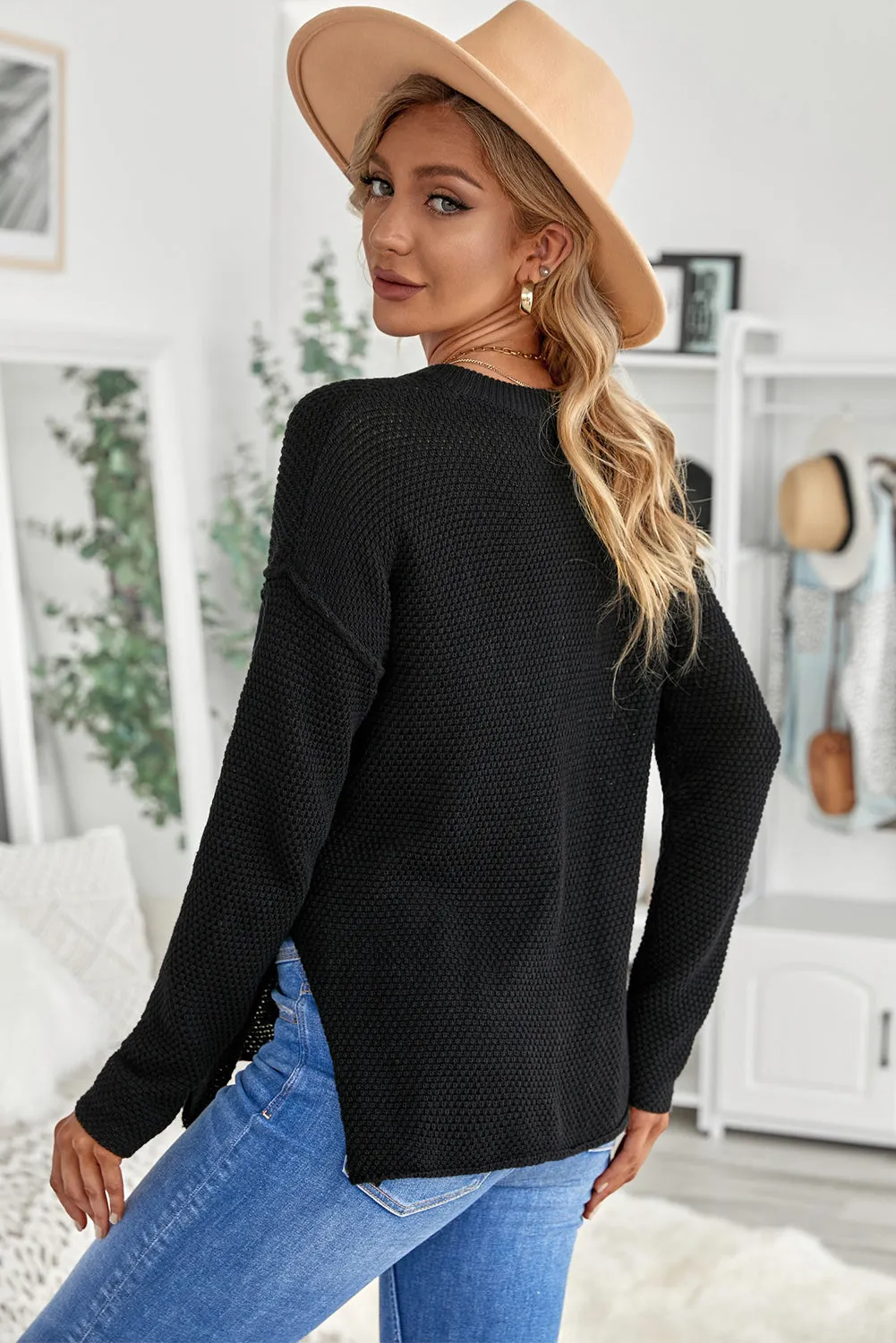 Women's Crew Neck Drop Shoulder Buttoned Waffle Knit Sweater