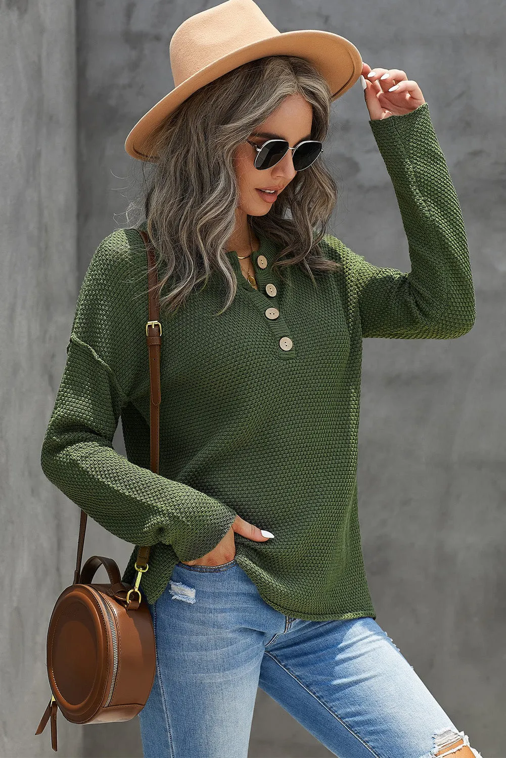 Women's Crew Neck Drop Shoulder Buttoned Waffle Knit Sweater