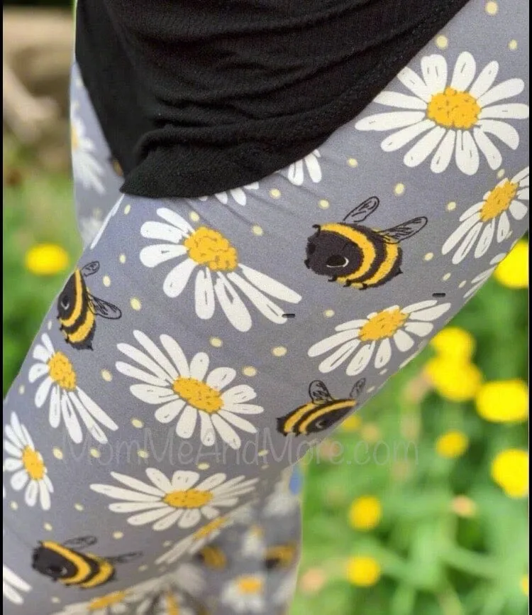 Womens Daisy Bee Leggings, Soft Yoga Pants, Sizes 0-20, Yoga Waist, Gray/Yellow