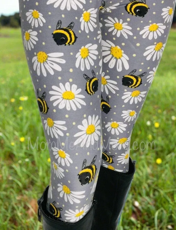 Womens Daisy Bee Leggings, Soft Yoga Pants, Sizes 0-20, Yoga Waist, Gray/Yellow