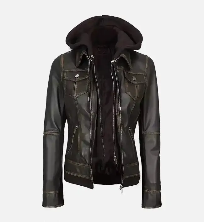 Women's Dark Brown Leather Jacket With Hood