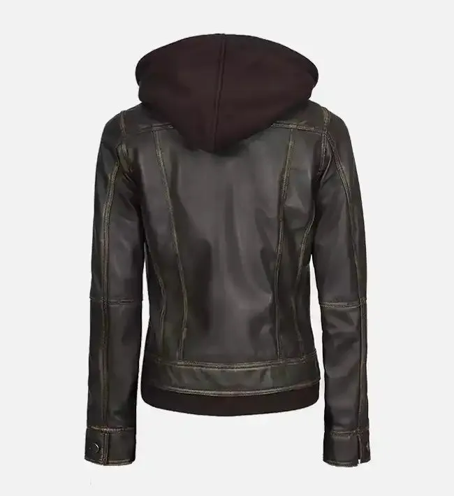 Women's Dark Brown Leather Jacket With Hood