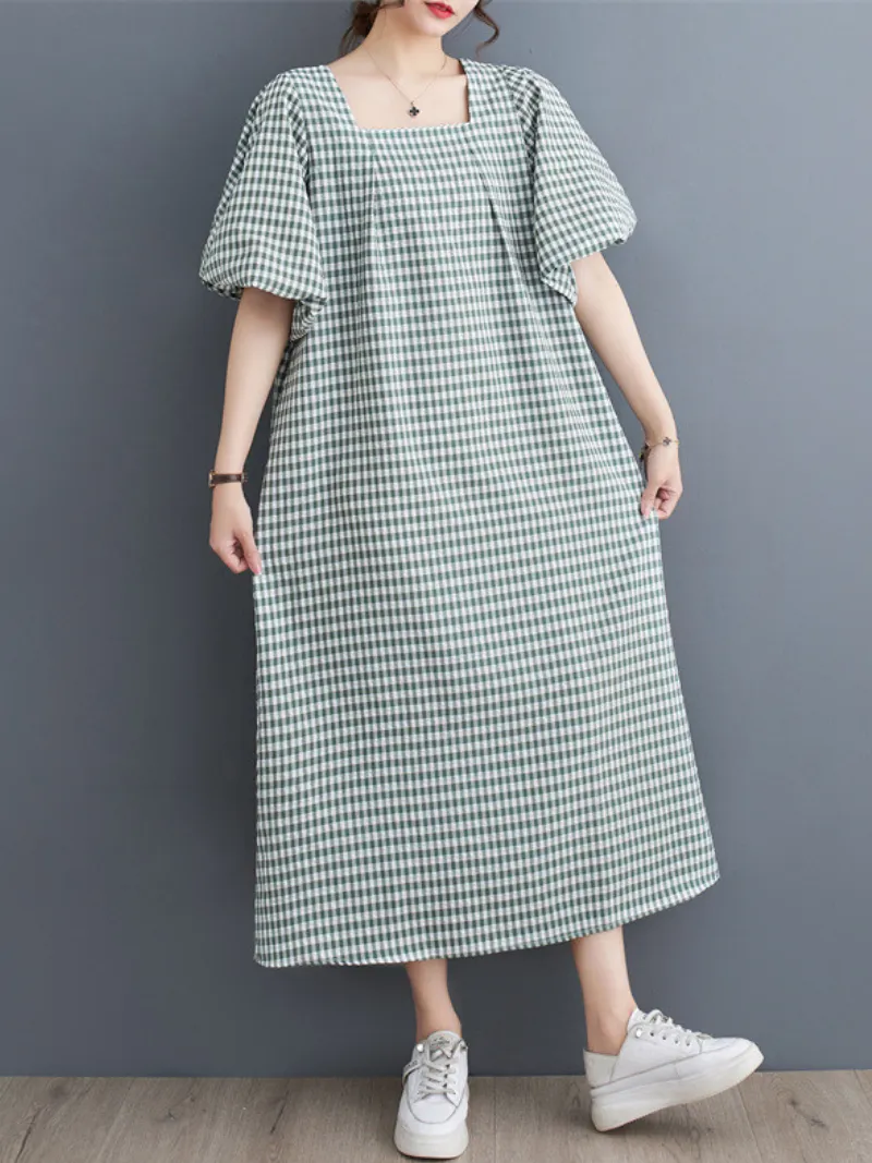 Women's Delightful Square Collar Plaid Loose A-line Dress