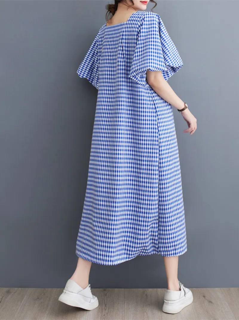 Women's Delightful Square Collar Plaid Loose A-line Dress