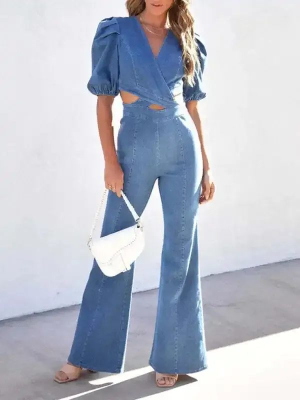 Women’s Denim Slim Puff Sleeve Crossover Waist Jumpsuit