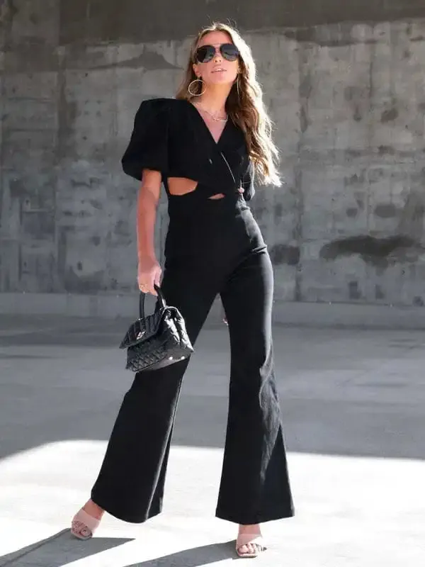 Women’s Denim Slim Puff Sleeve Crossover Waist Jumpsuit