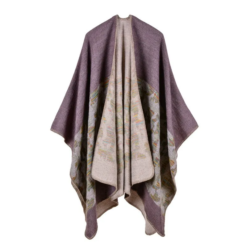 Women's diamond colored striped shawl, high-end women's double-sided travel cloak