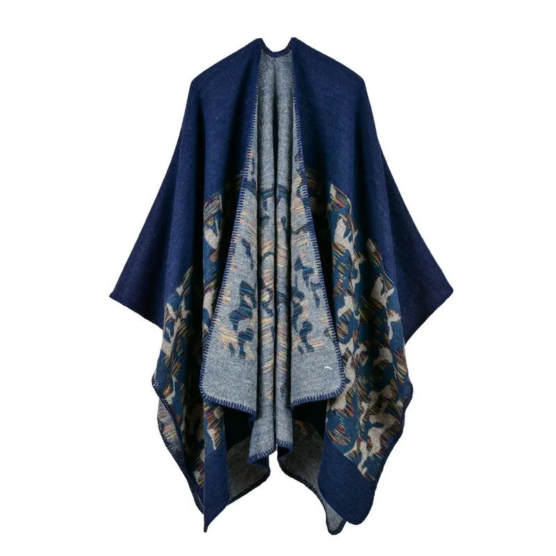 Women's diamond colored striped shawl, high-end women's double-sided travel cloak