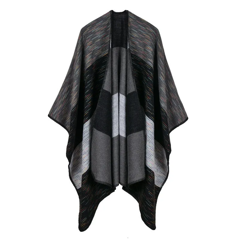 Women's diamond colored striped shawl, high-end women's double-sided travel cloak