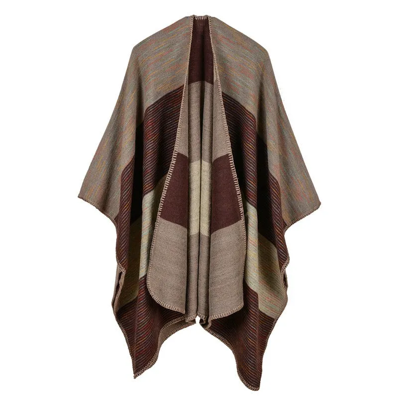 Women's diamond colored striped shawl, high-end women's double-sided travel cloak