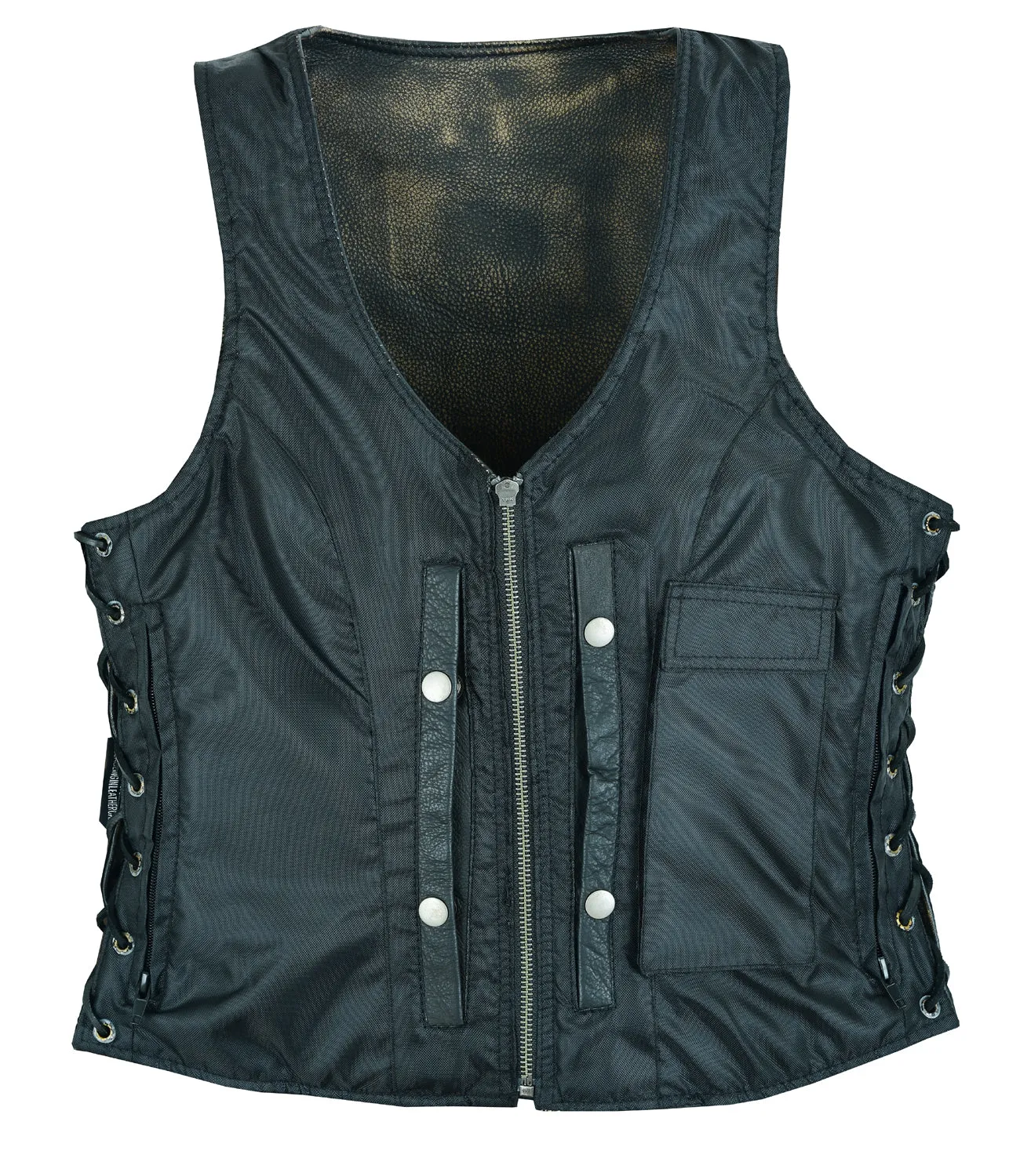 Women's Distressed Brown Naked Leather Vest Side Laces, front zipper