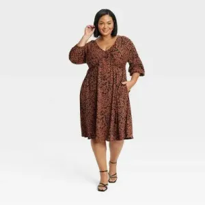 Women's Dolman 3/4 Sleeve Knit Empire Waist Dress - Ava & Viv Brown Houndstooth 3X