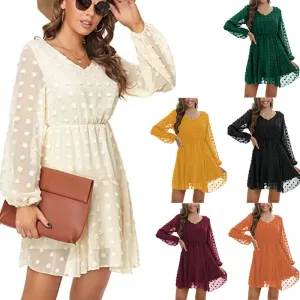 Womens Dot V-Neck Long Sleeve Chiffon Casual Dress