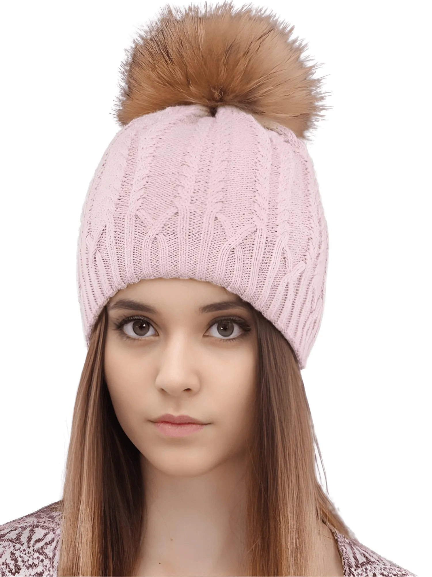 Women's Double Layer Knitted Hat With Real Fur Pompom