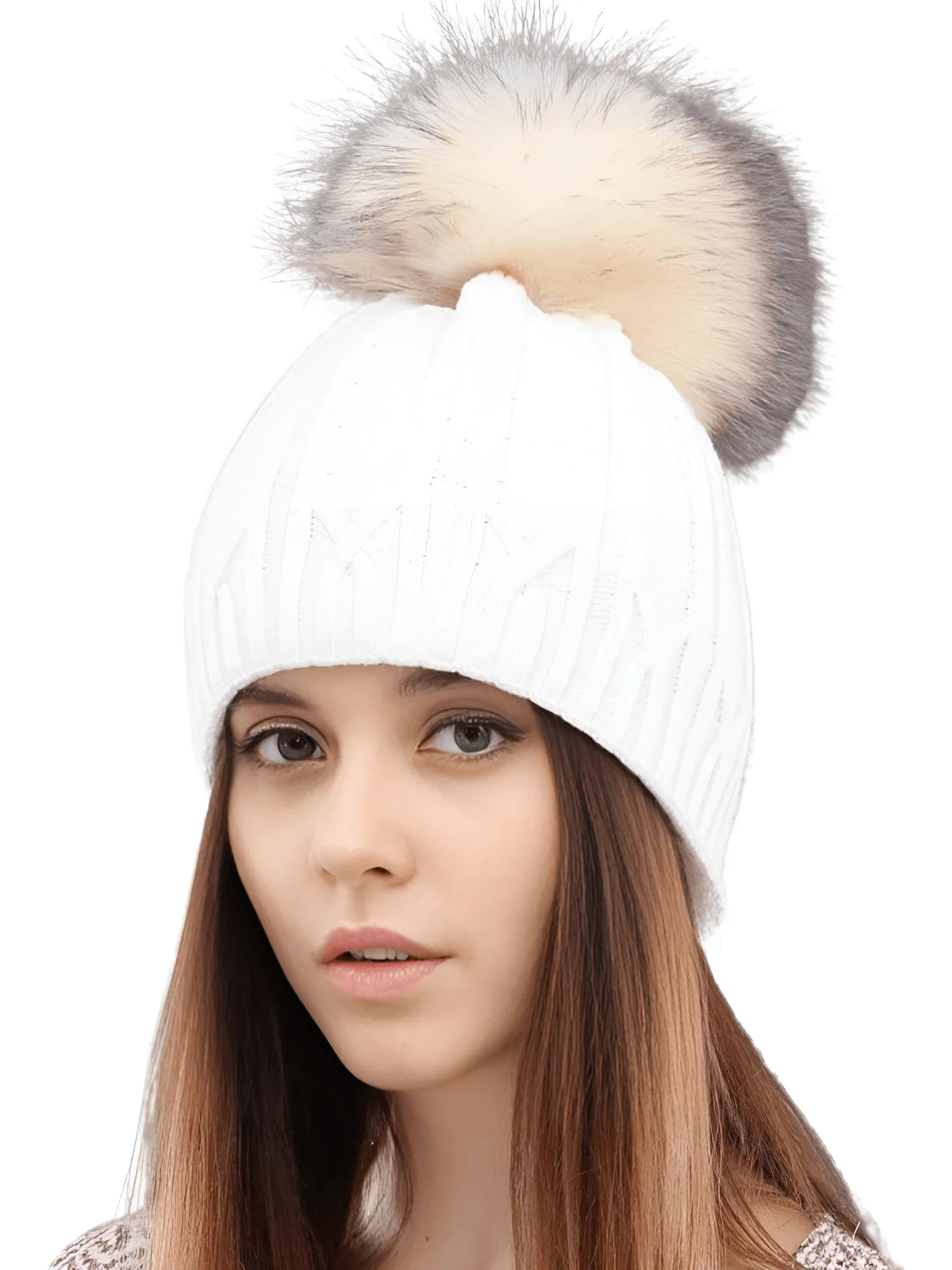 Women's Double Layer Knitted Hat With Real Fur Pompom