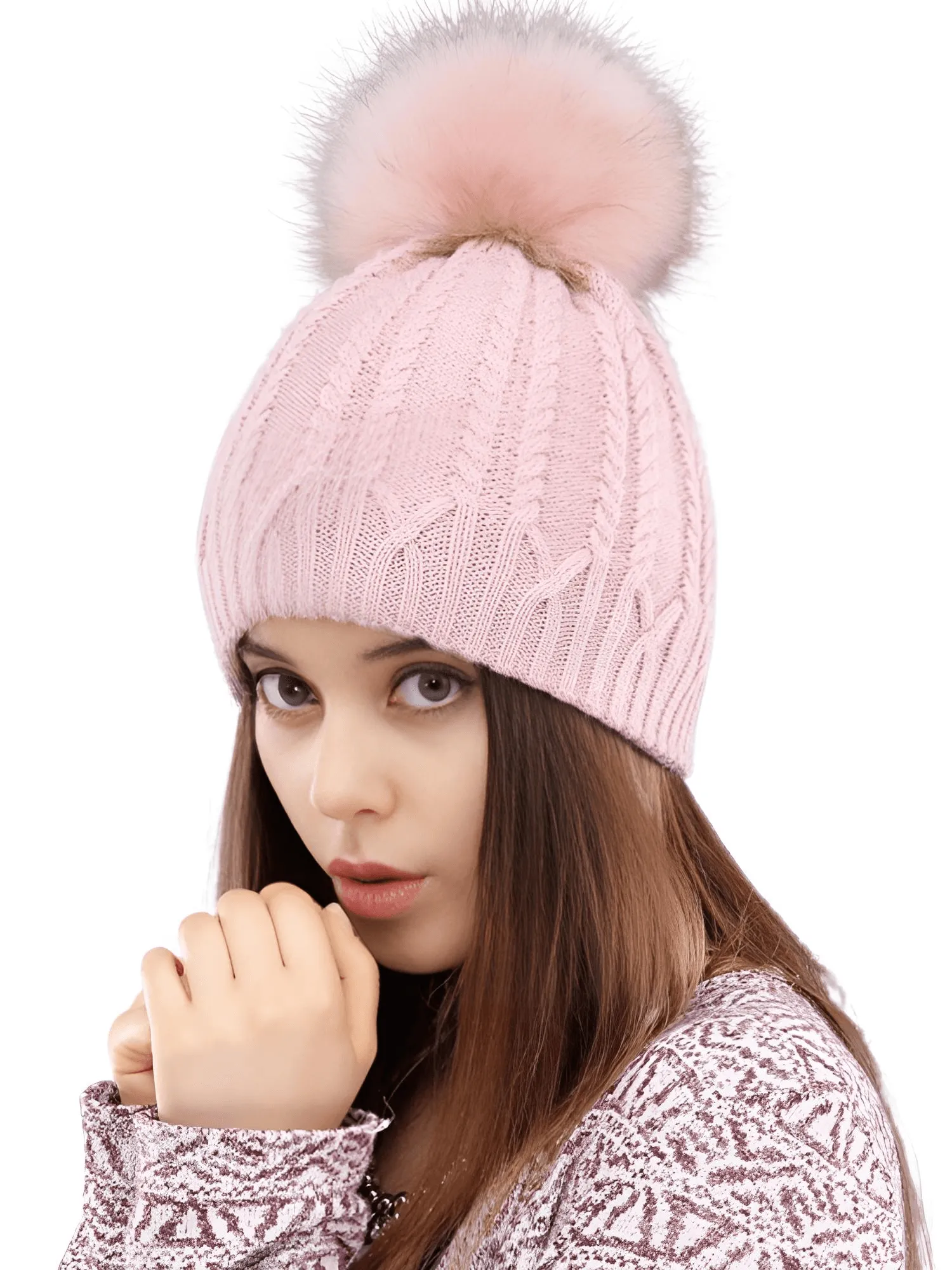 Women's Double Layer Knitted Hat With Real Fur Pompom