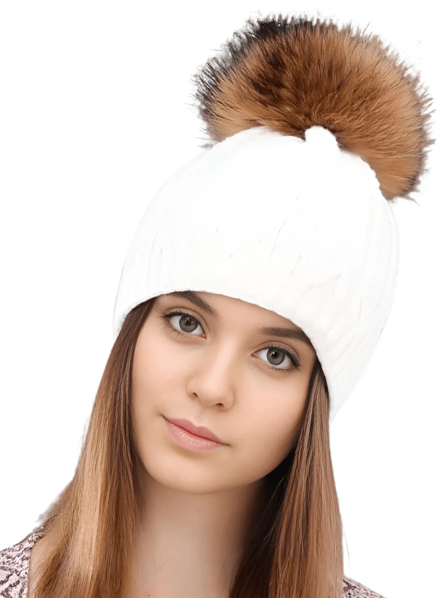 Women's Double Layer Knitted Hat With Real Fur Pompom