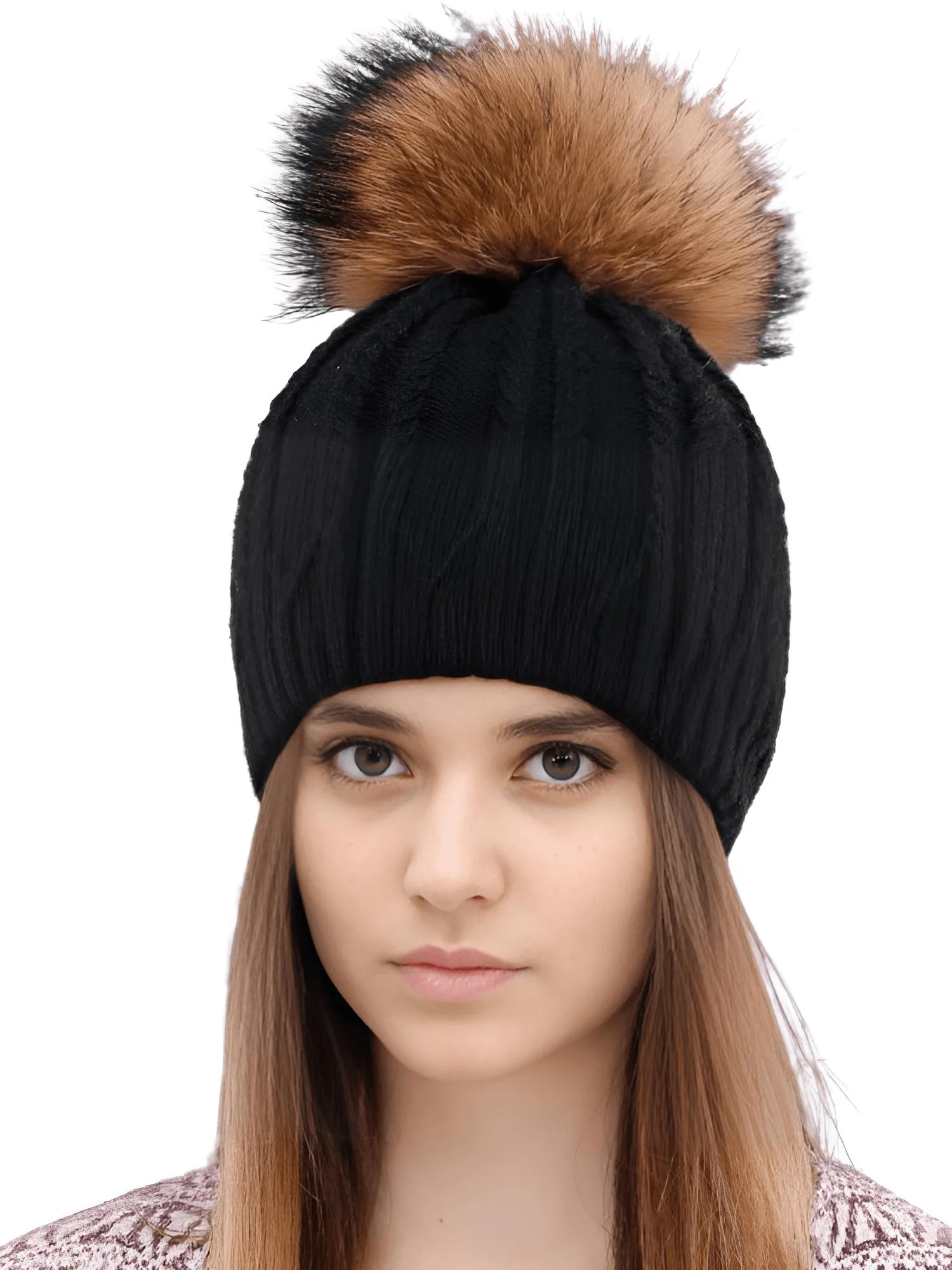 Women's Double Layer Knitted Hat With Real Fur Pompom