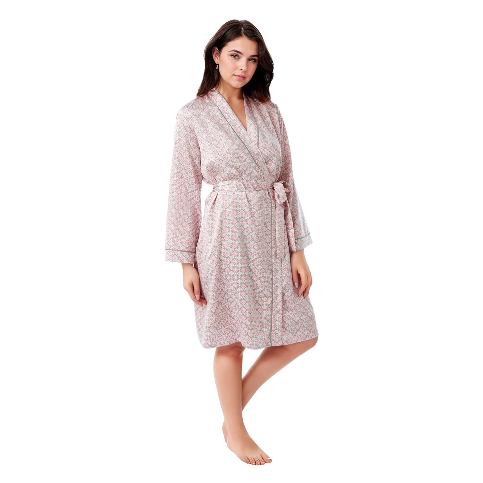 Women's Dressing Gown, Satin Kimono Bathrobe Nightwear Aqua and Coral