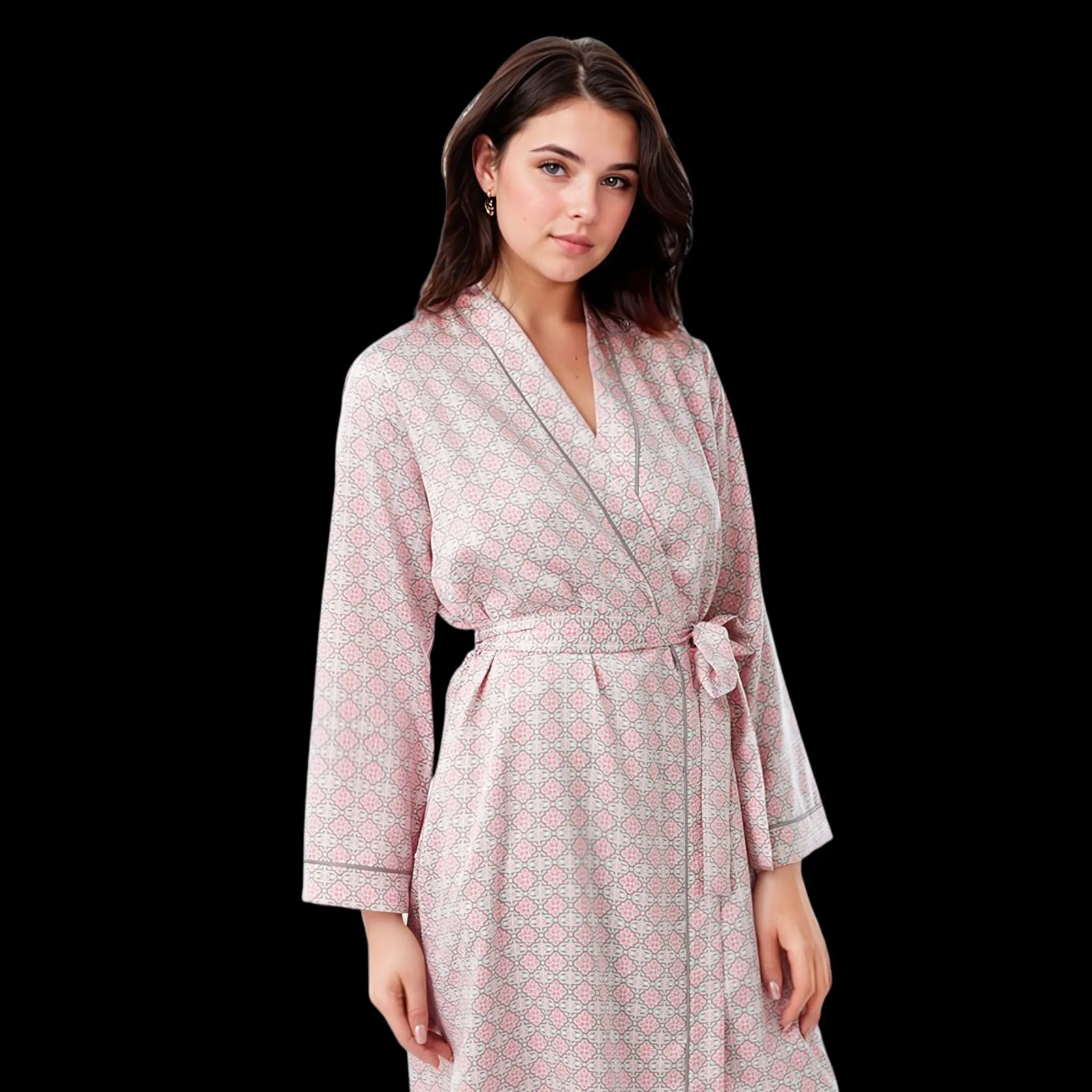 Women's Dressing Gown, Satin Kimono Bathrobe Nightwear Aqua and Coral