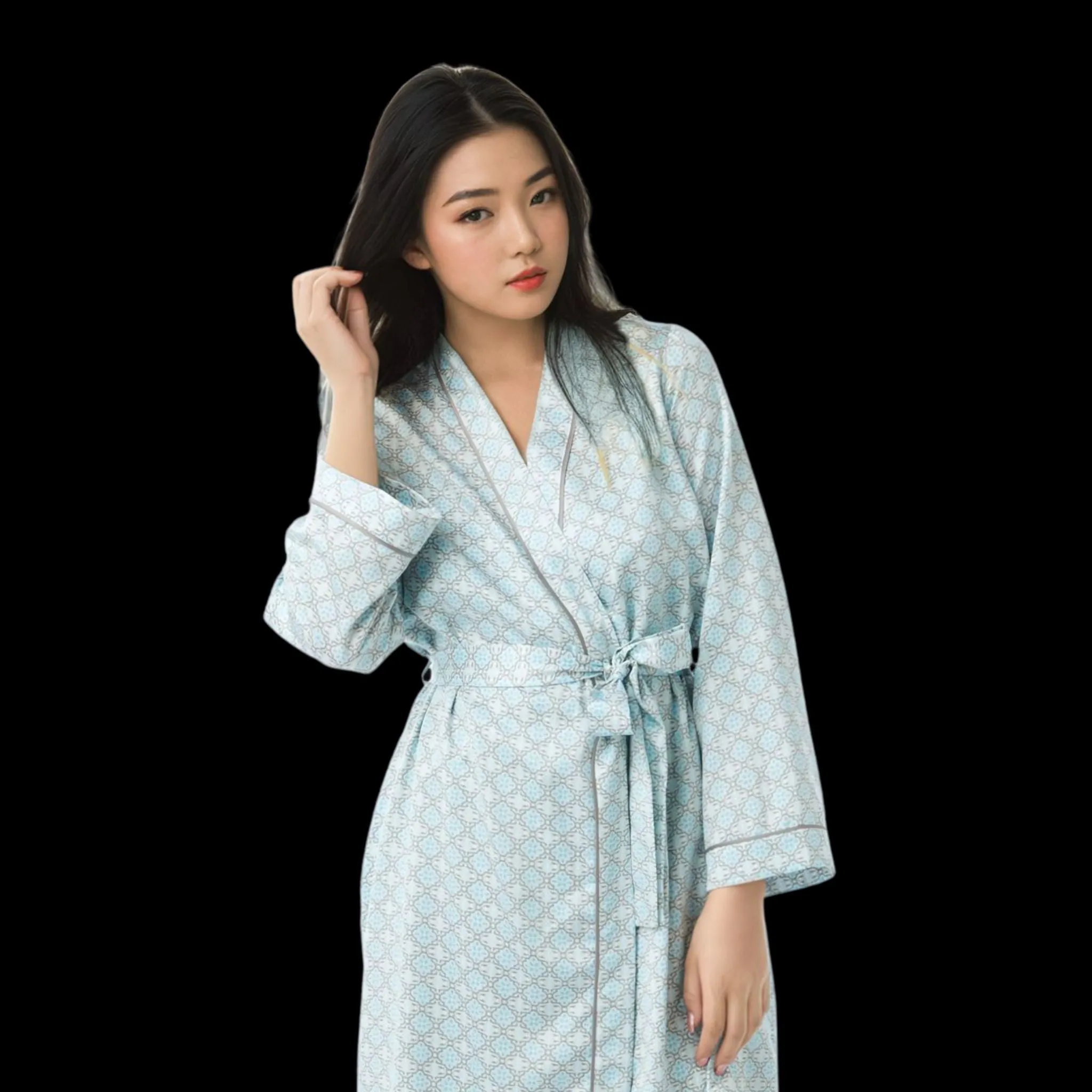 Women's Dressing Gown, Satin Kimono Bathrobe Nightwear Aqua and Coral