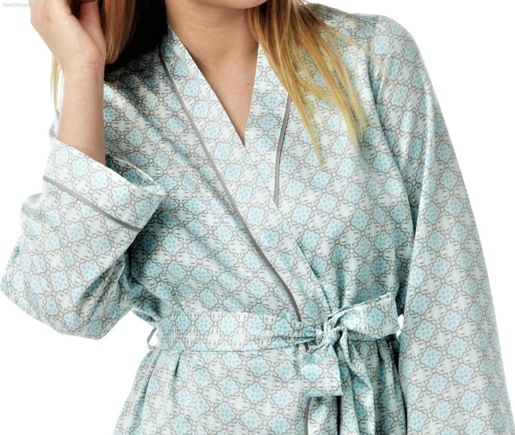 Women's Dressing Gown, Satin Kimono Bathrobe Nightwear Aqua and Coral