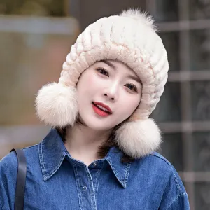 Women's ear protection fur hat in winter Rex rabbit hair knitting with fox hair three balls for warmth and thickening