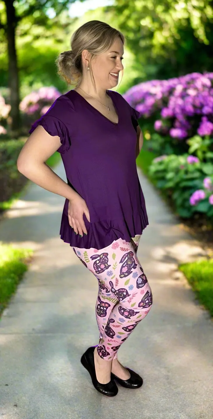 Womens Easter Bunny Leggings, Soft Yoga Pants, Sizes OS/TC, Purple/Pink, Yoga Waist, Exclusive Leggings