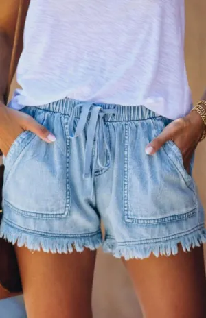 Women's Elastic Waist Drawstring Casual High Waist Slim Denim Shorts