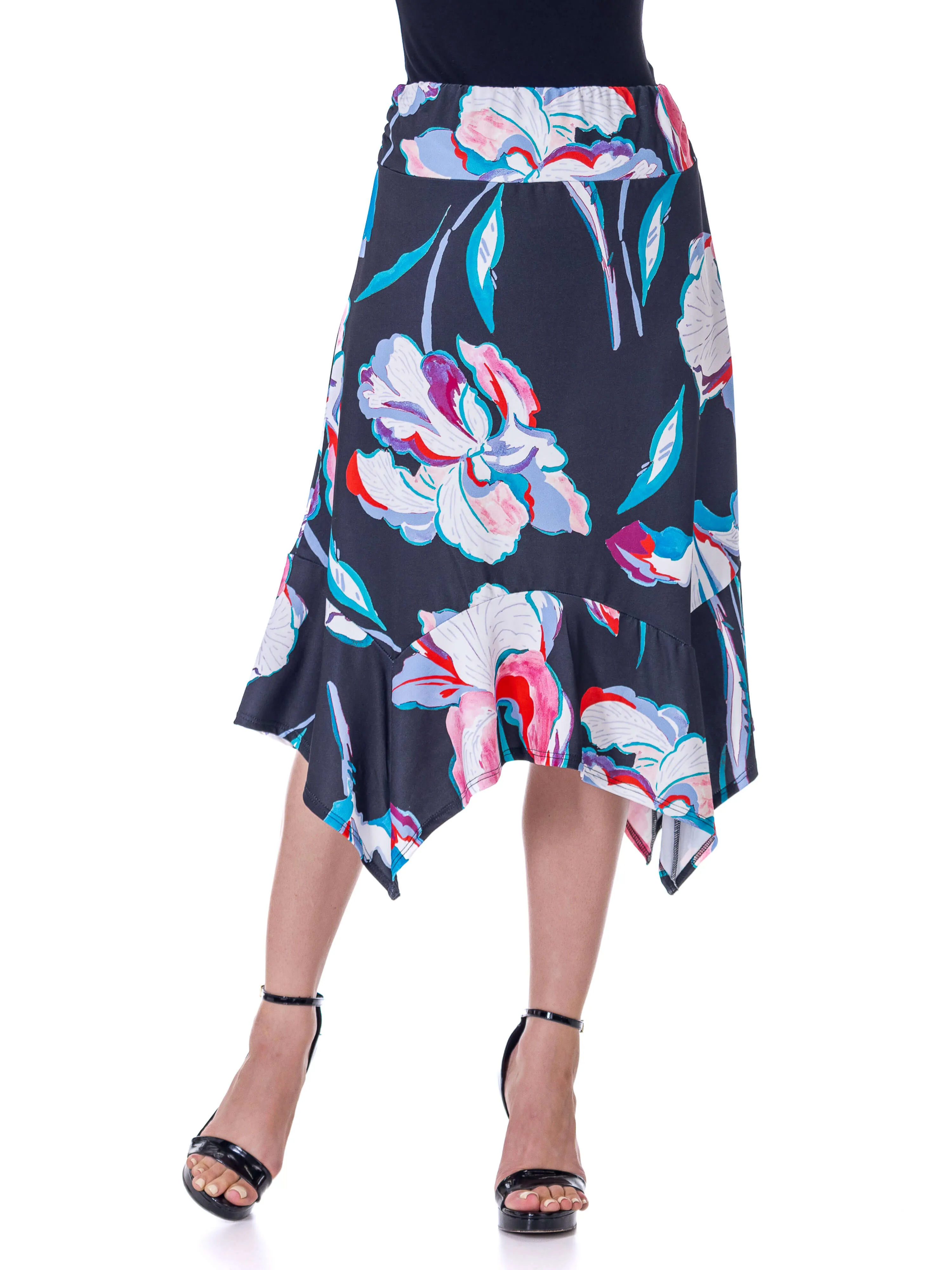 Womens Elastic Waist Floral Knee Length Handkerchief Hemline Skirt