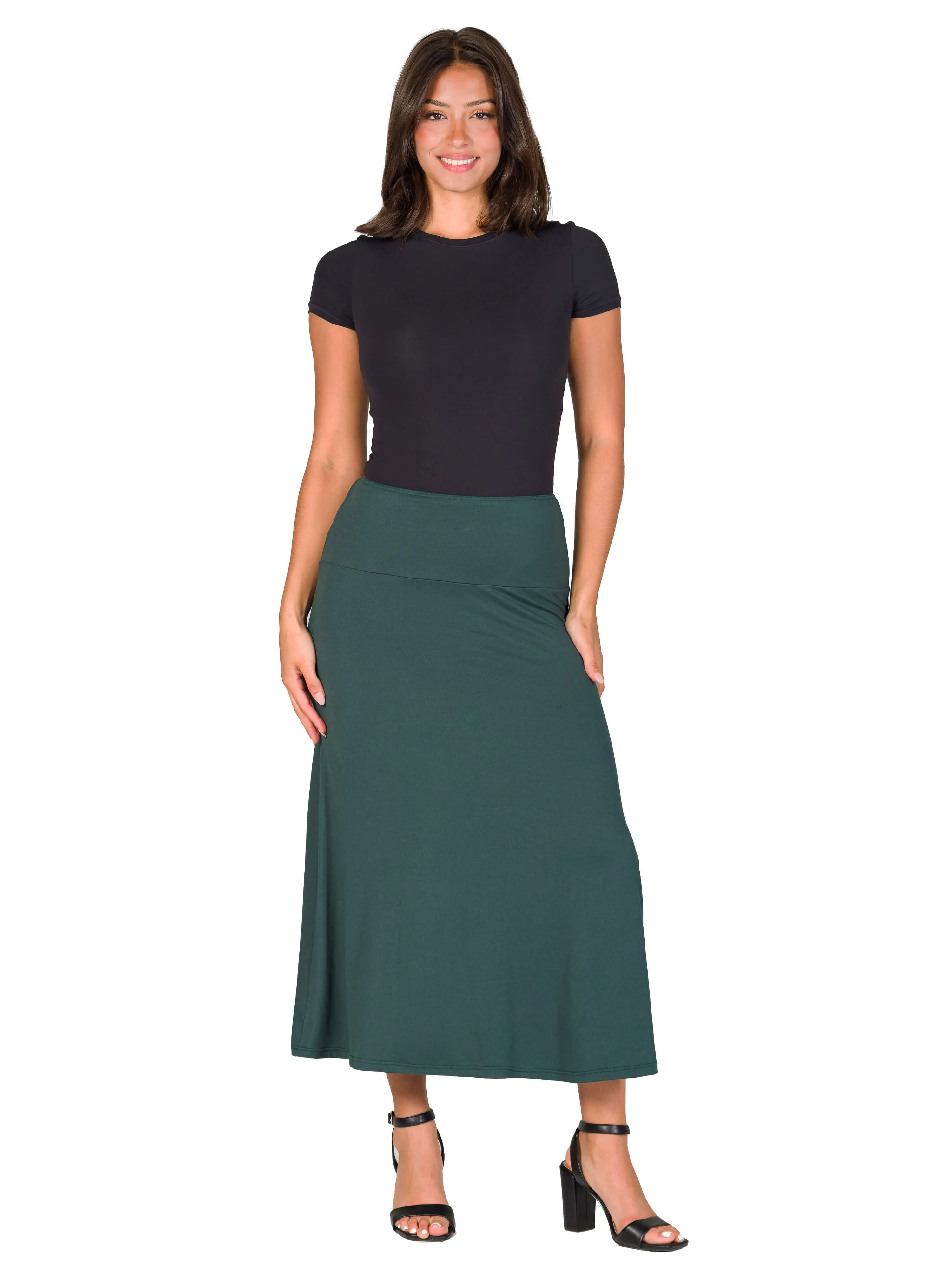 Womens Elastic Waist Solid Color Maxi Skirt