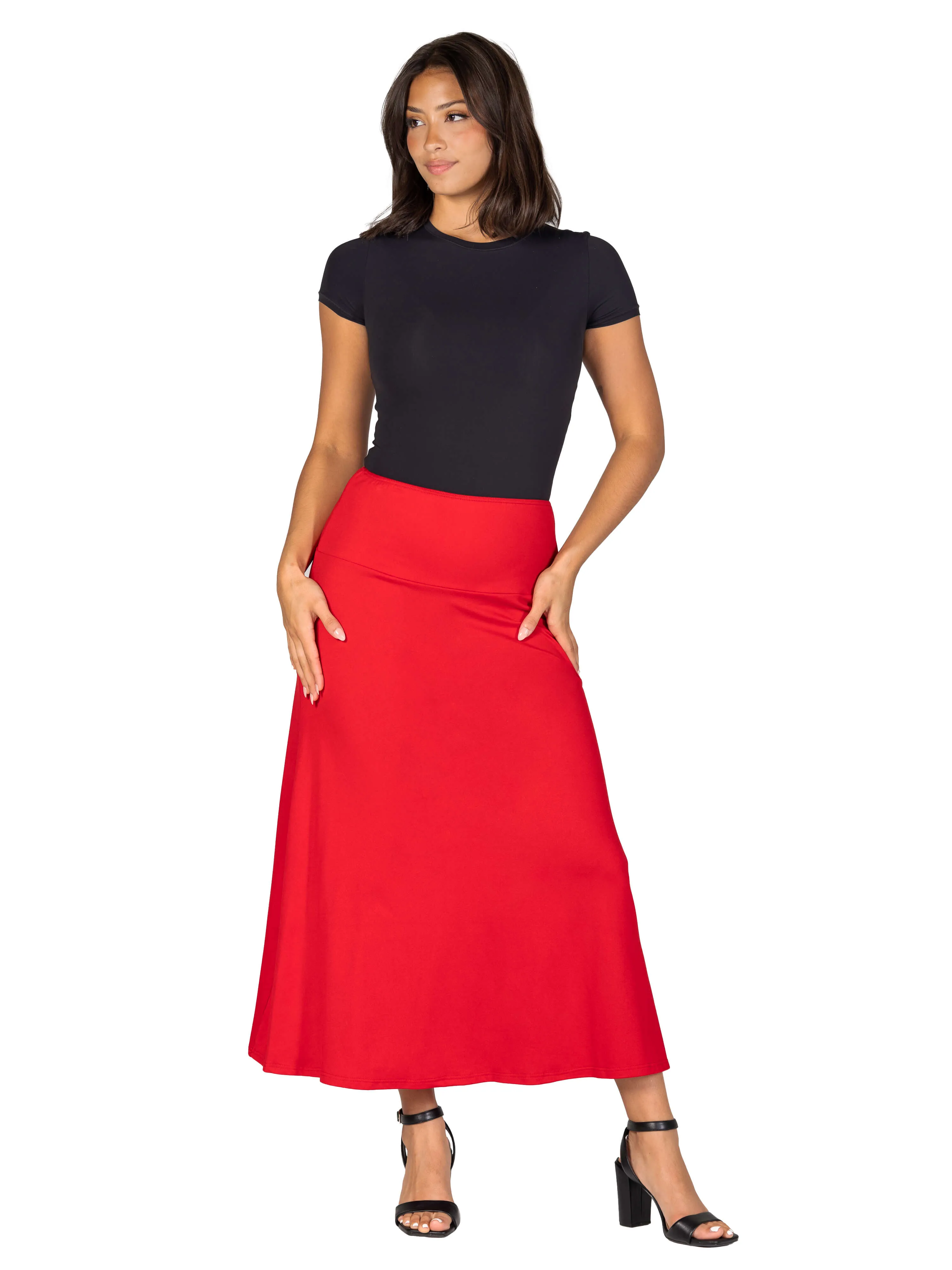 Womens Elastic Waist Solid Color Maxi Skirt