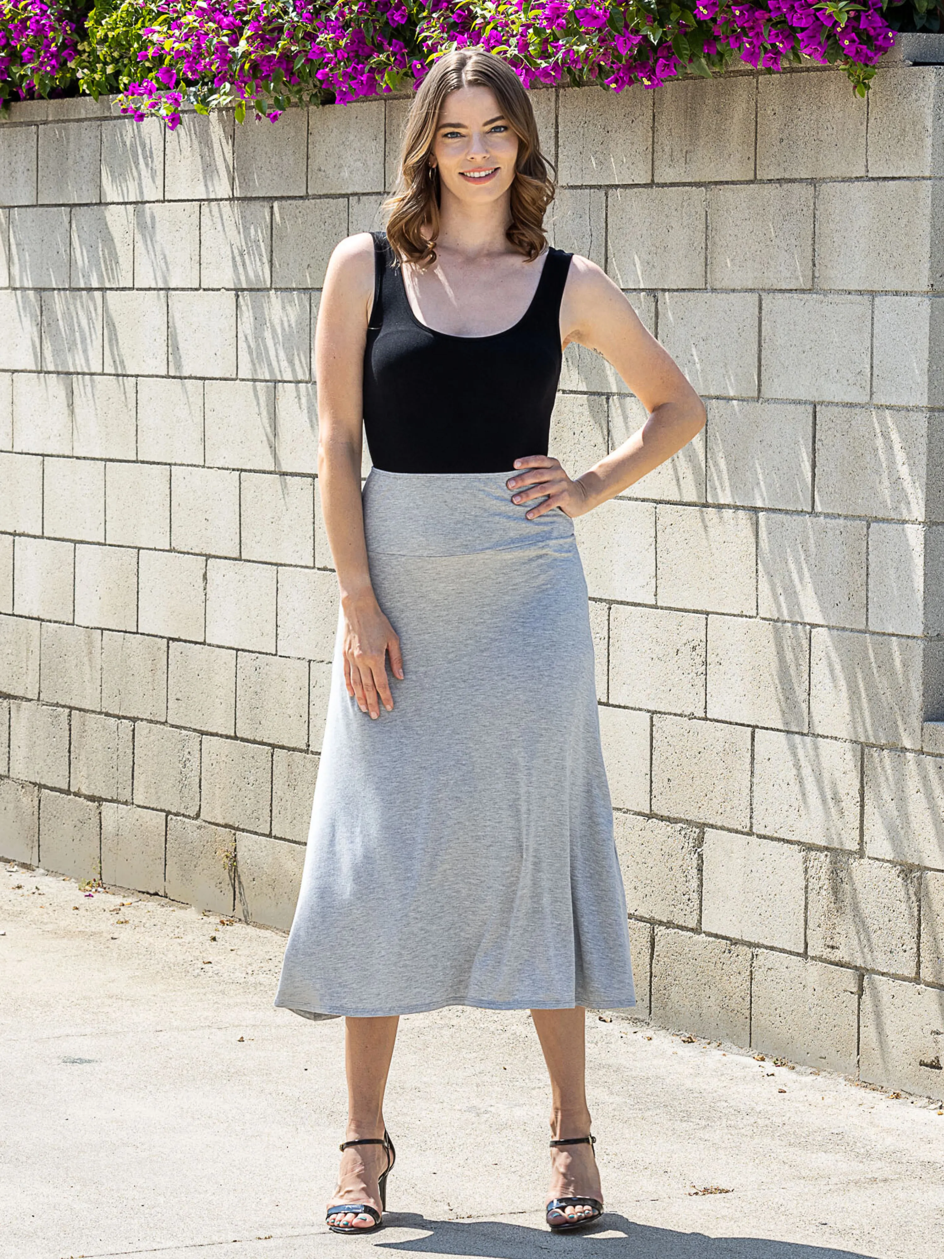 Womens Elastic Waist Solid Color Maxi Skirt