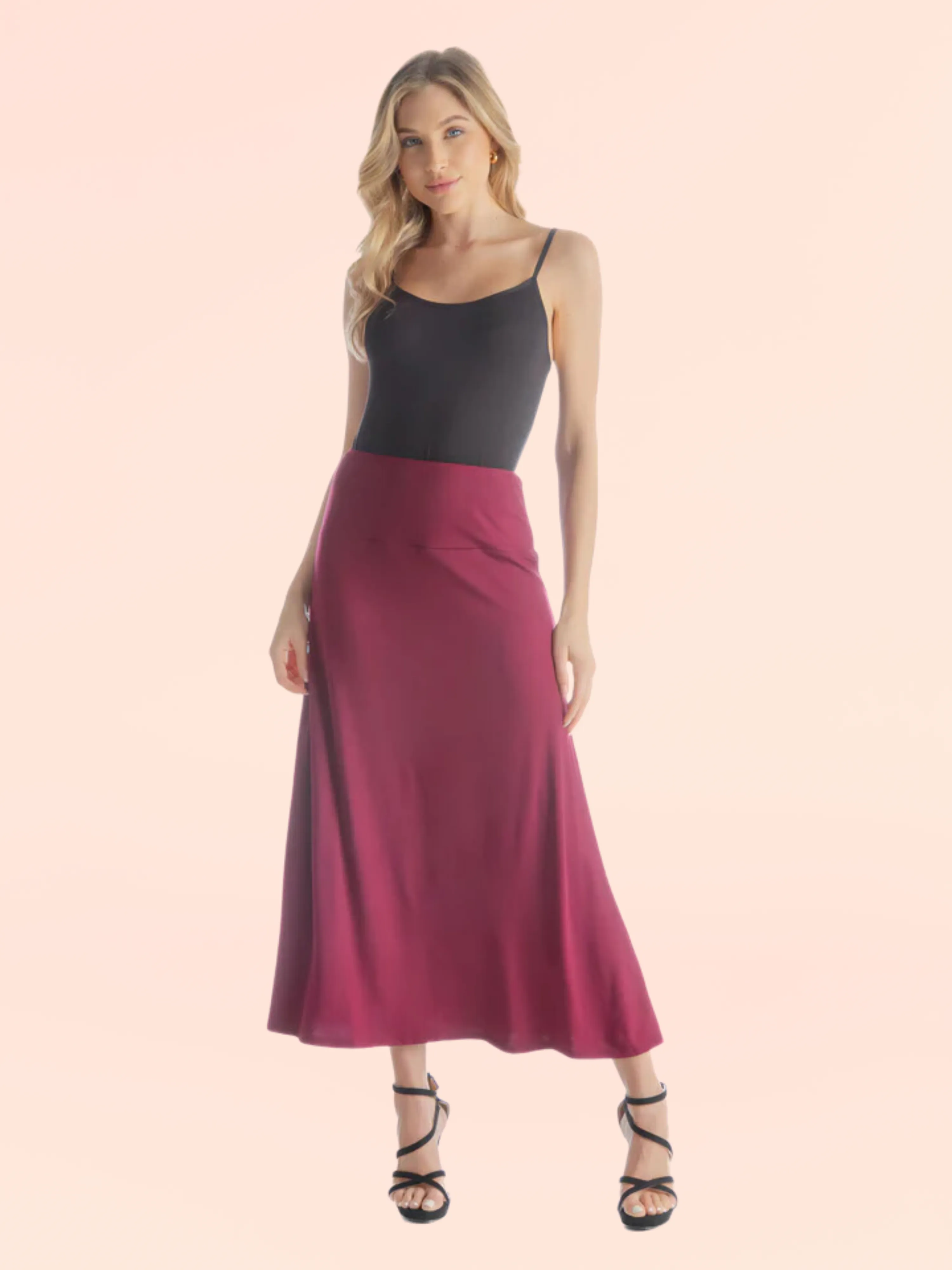 Womens Elastic Waist Solid Color Maxi Skirt