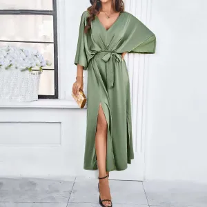 Women's Elegant Loose Smooth Satin V-neck Dress