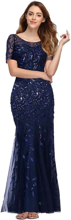 Womens Elegant Mermaid Short Sleeves Long Evening Dress