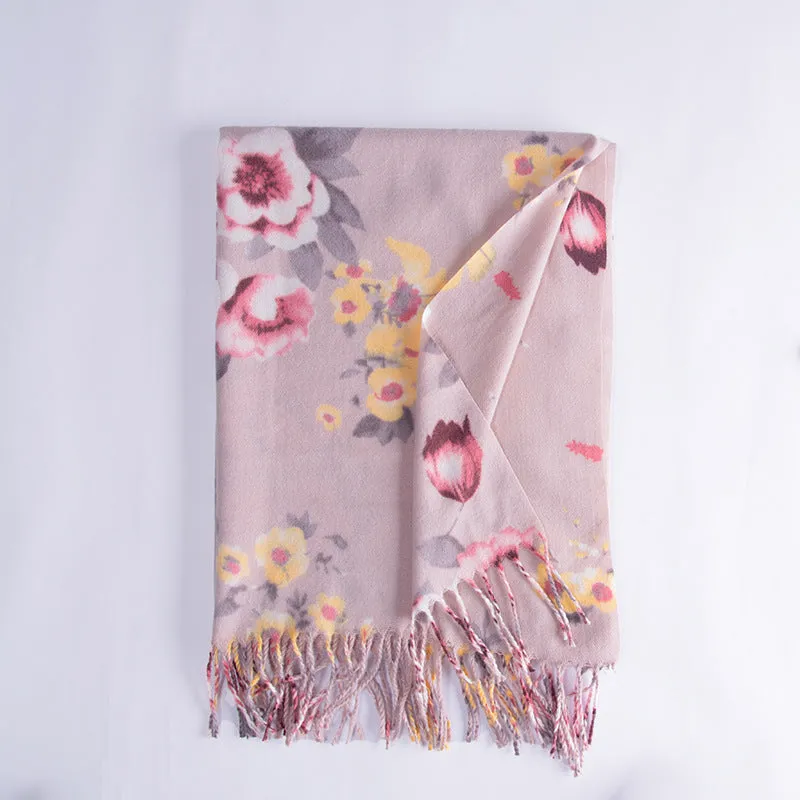 Women's Elegant Print Scarf Flower Cashmere Warm Shawl Autumn and Winter Shawl